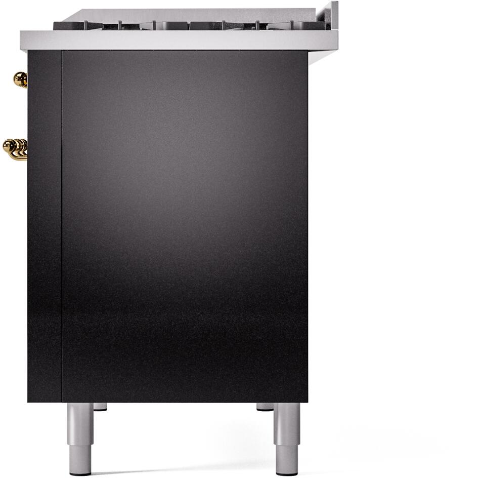 Freestanding gas range rear panel in glossy black with brass hardware and silver legs