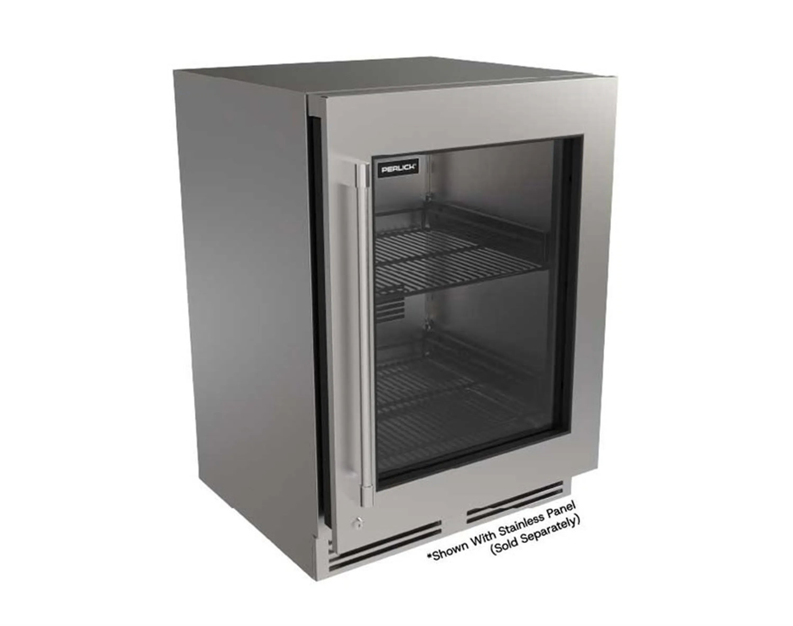 Stainless undercounter refrigerator with black-framed glass door and wire shelves