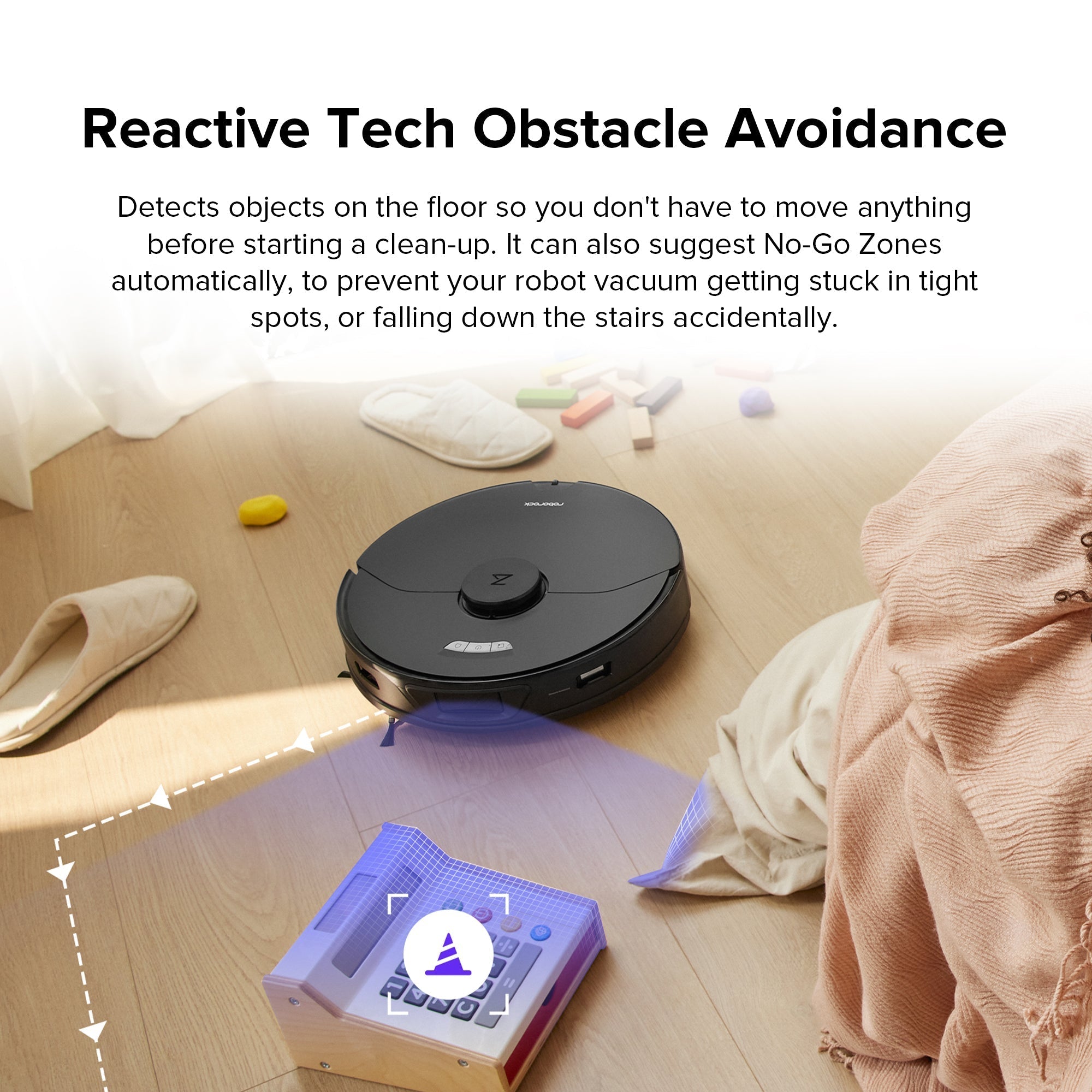 Robot vacuum navigating near obstacles on floor, with front status lights visible