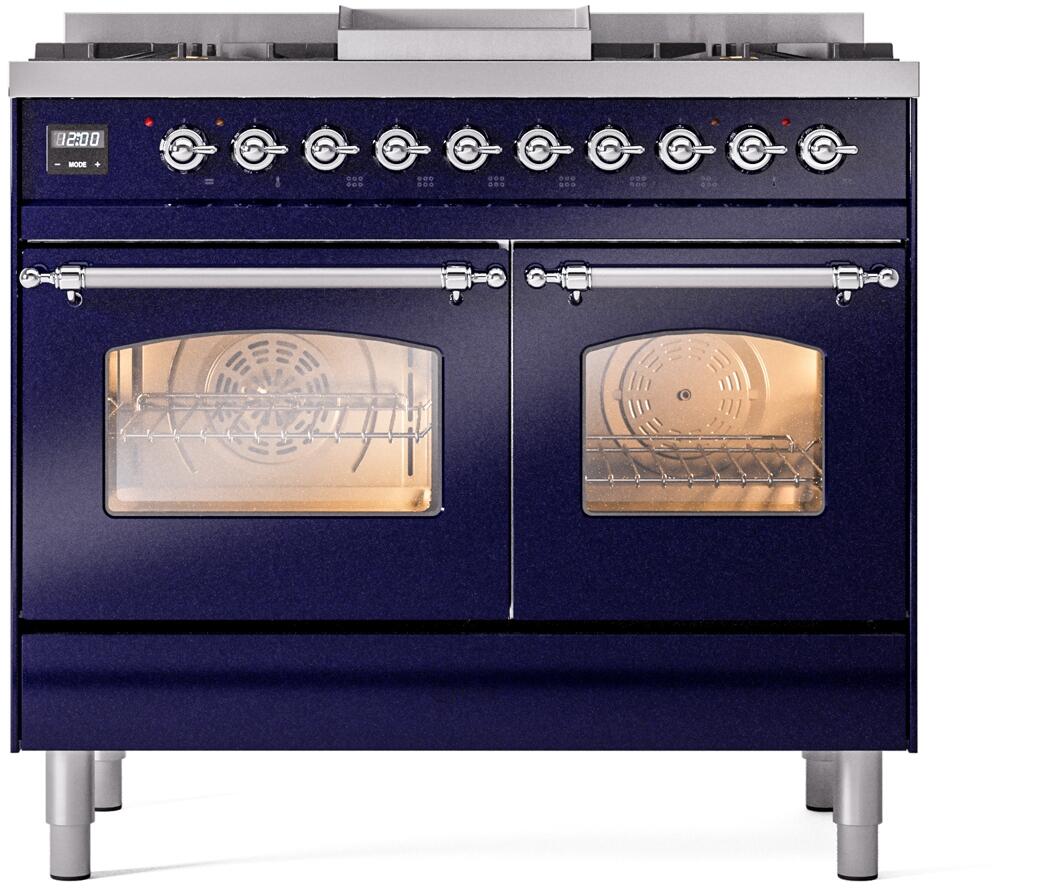Midnight blue freestanding dual-fuel range front with burner controls, two oven glass windows