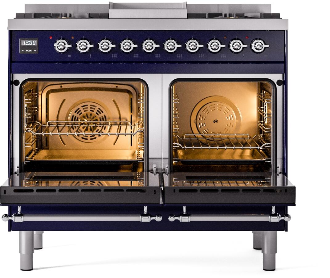 Midnight blue dual-fuel freestanding range with two open ovens and chrome racks