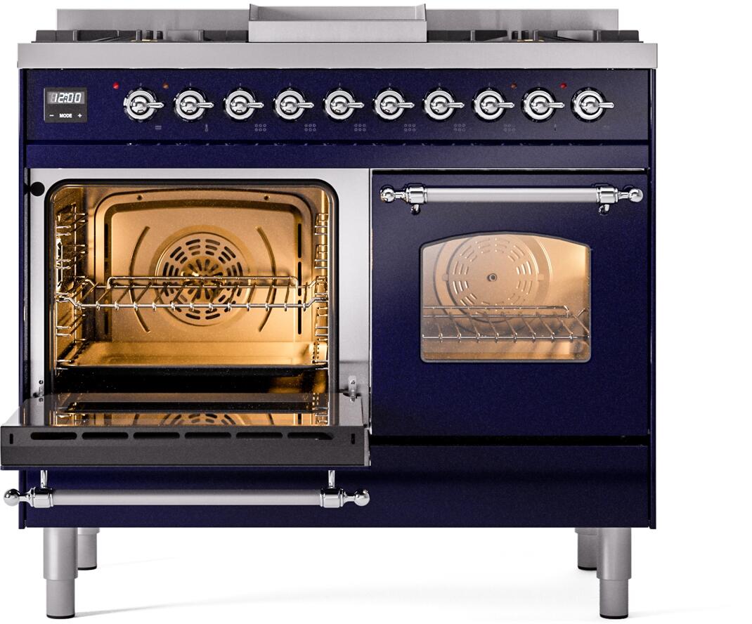 Dual fuel range with left oven door open, interior racks visible, right door closed