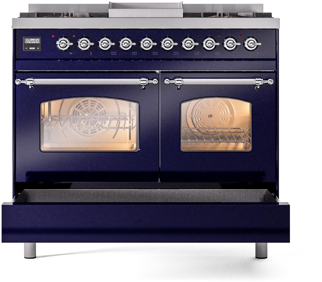 Midnight blue dual-fuel freestanding range with two glass-front oven doors