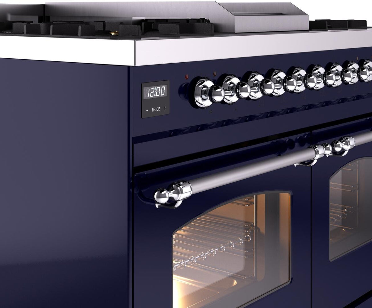 Chrome control knobs and handle on midnight blue dual-fuel freestanding range