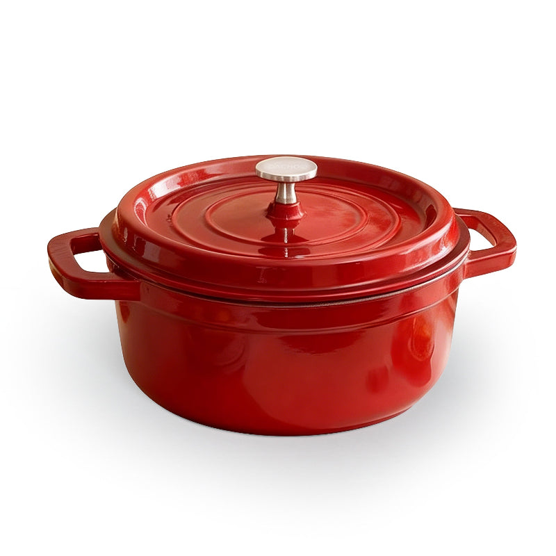 Red enamel cast iron Dutch oven with lid and side handles
