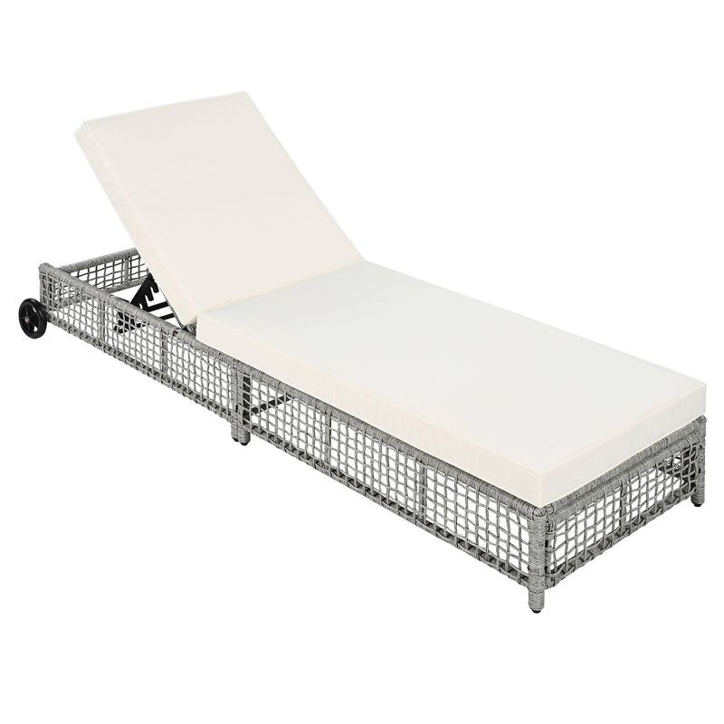 Parrot Uncle Outdoor Lounge Chair, Patio Chaise Lounge with 5-Position Backrest, Rattan Outdoor Lounge Chair with Cushion and Wheels for Poolside, Backyard, Garden