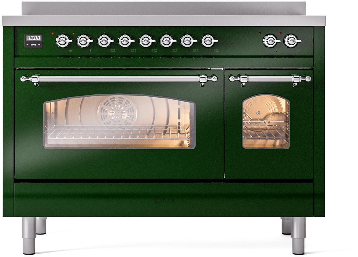 Freestanding electric induction range control panel with chrome knobs and windowed door