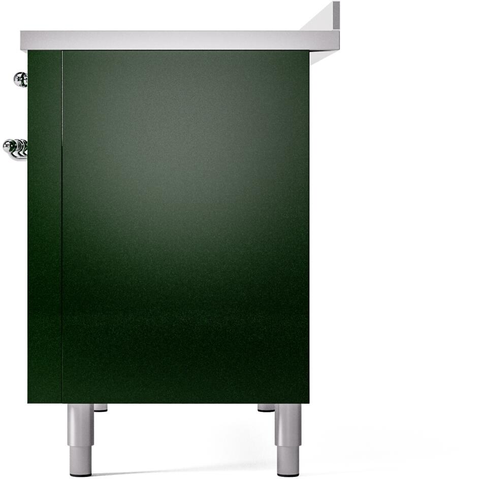 Freestanding electric induction range rear side panel in emerald green with chrome legs
