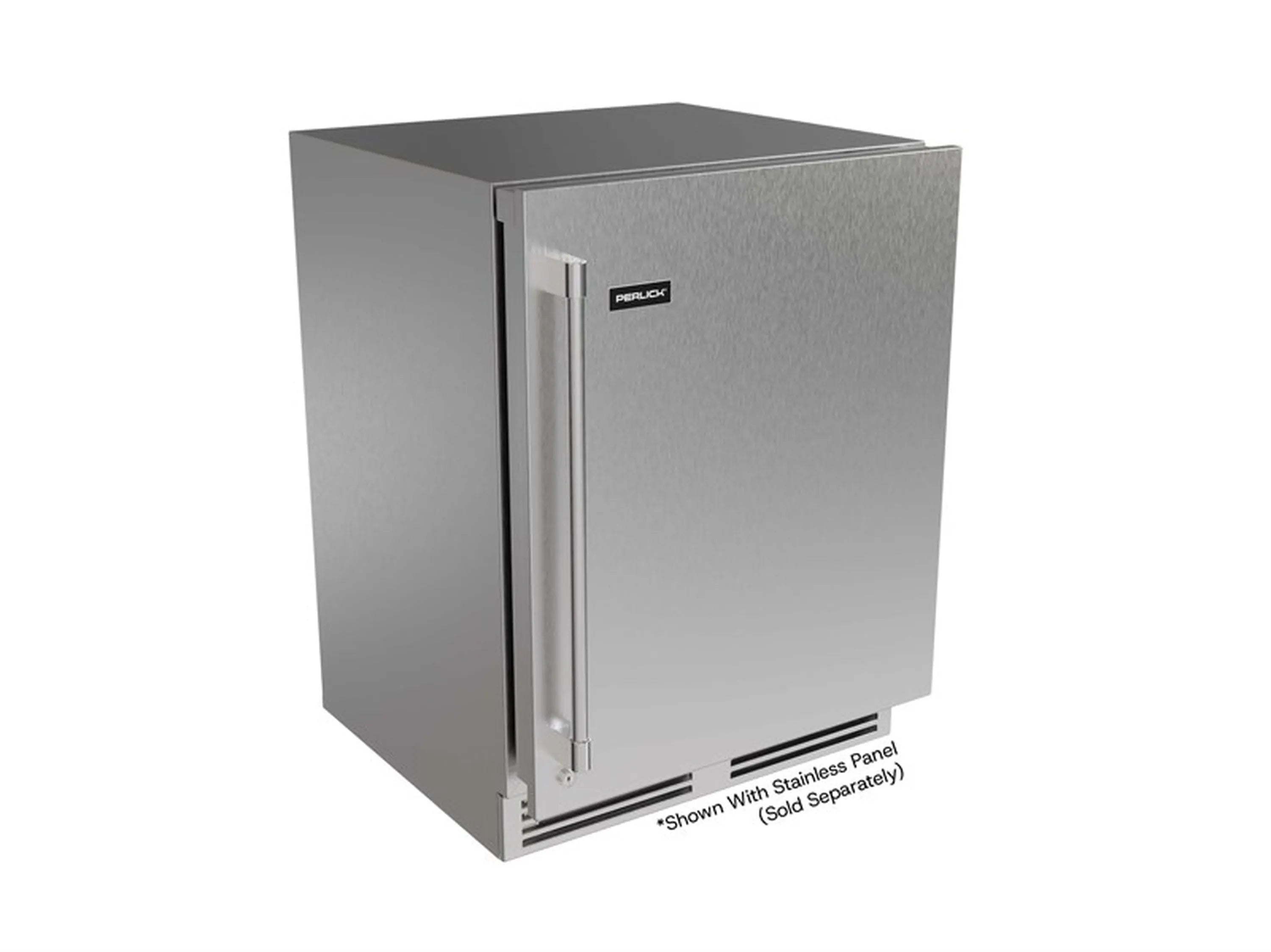Stainless steel panel-ready undercounter refrigerator with closed door and tall handle