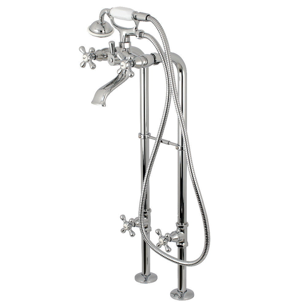 Polished chrome freestanding tub faucet with supply hoses and stop valves