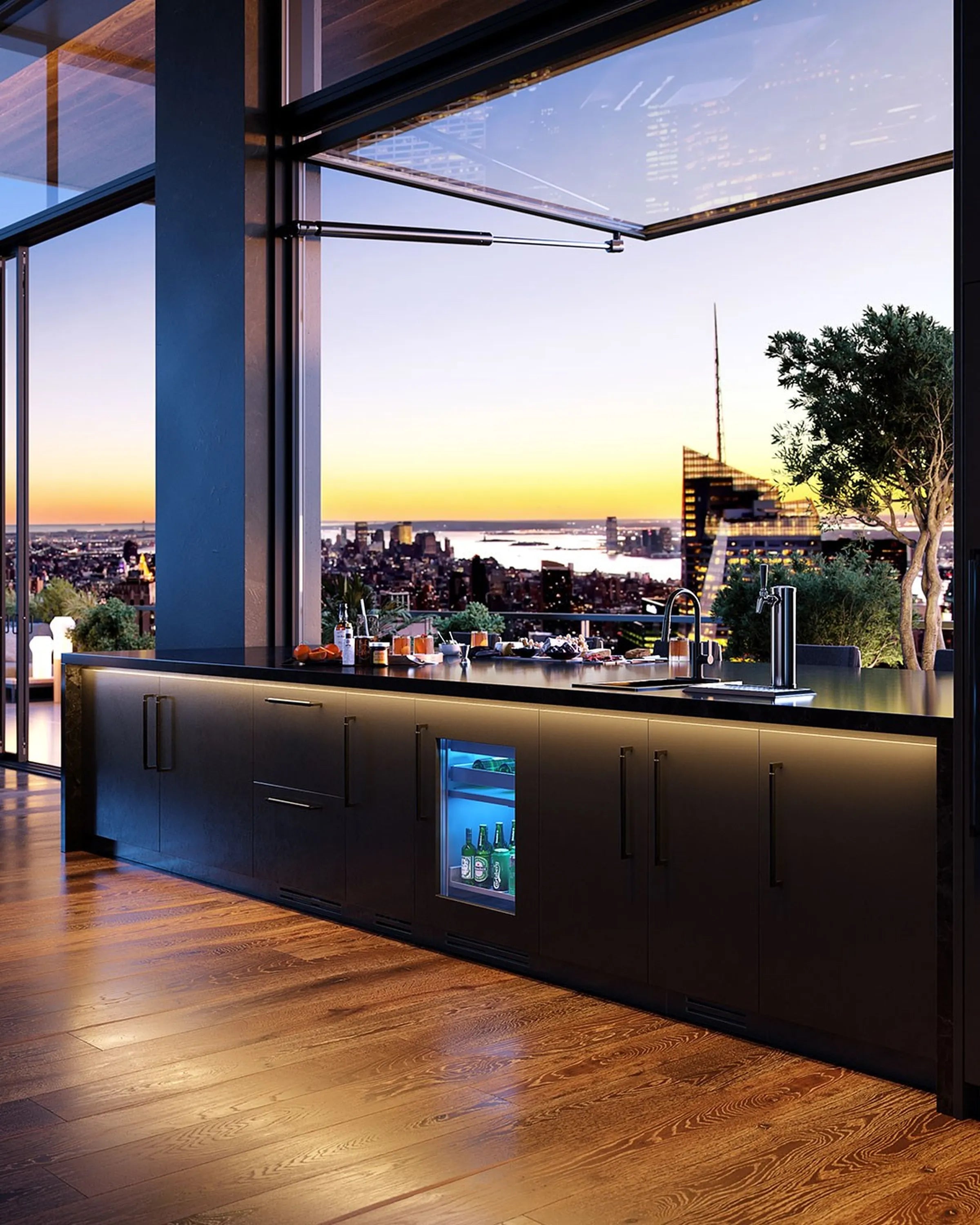Undercounter wine cooler built into bar with glass door and bottles inside