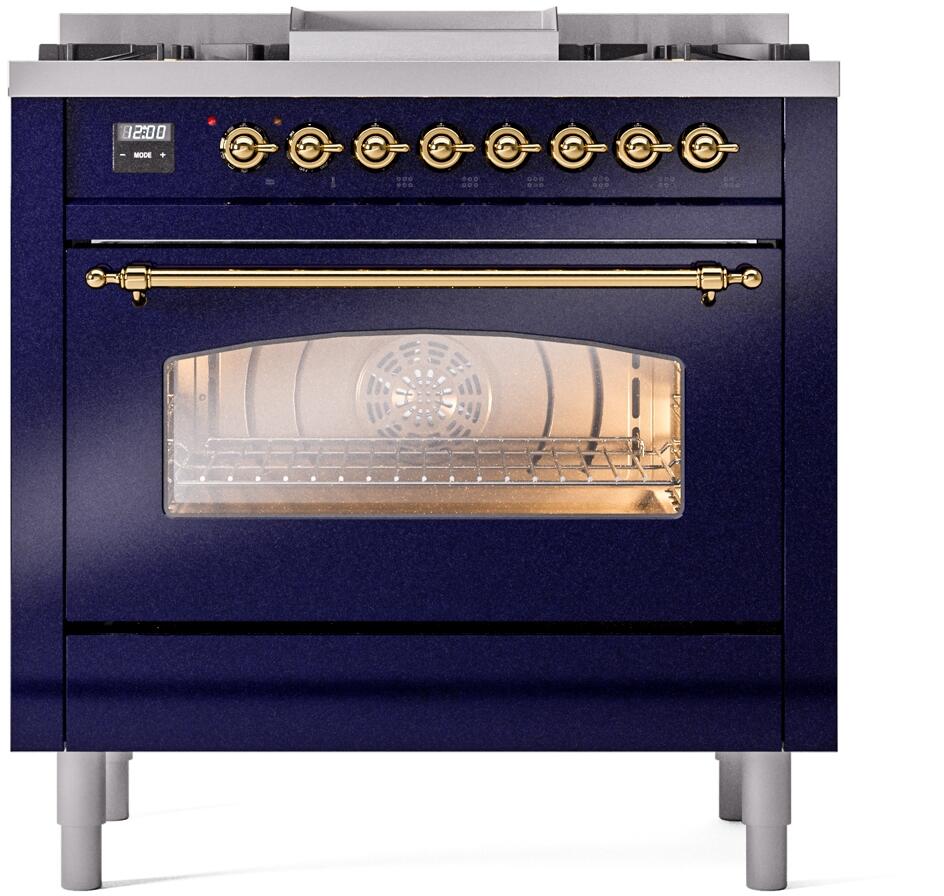 ILVE Nostalgie II freestanding range in midnight blue with brass controls and window