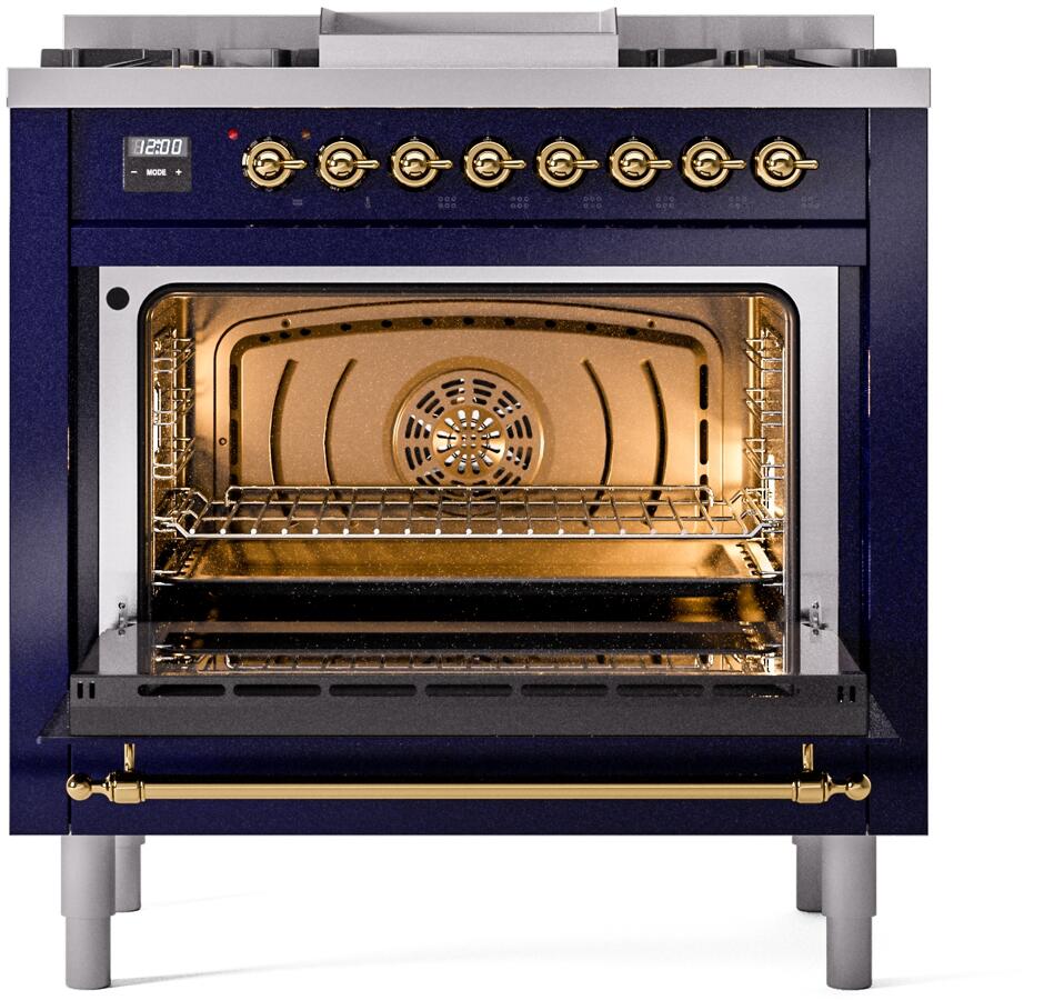 Midnight blue dual fuel range with open oven showing interior racks and brass handle