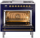 ILVE Nostalgie II 36-Inch Freestanding Natural Gas Dual Fuel Range in Midnight Blue with Brass Trim (UP36FNMPMBG)