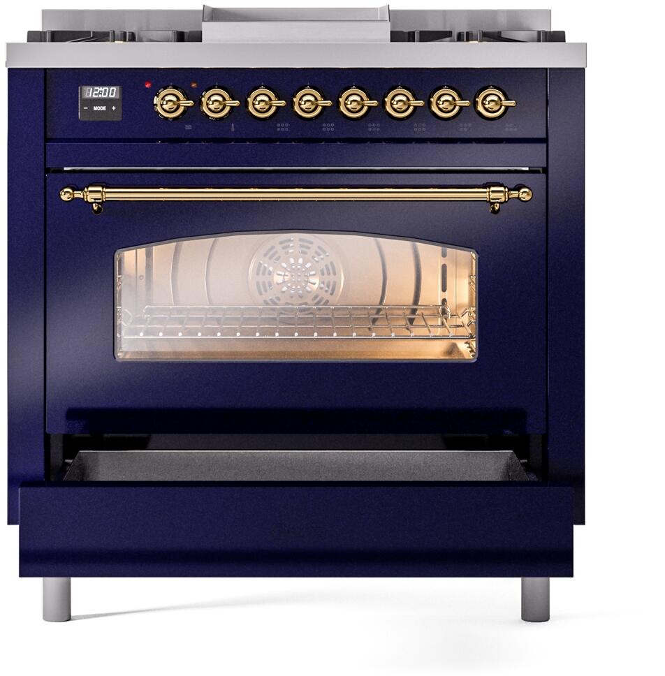 Midnight blue dual fuel range with oven door open and warming drawer panel below