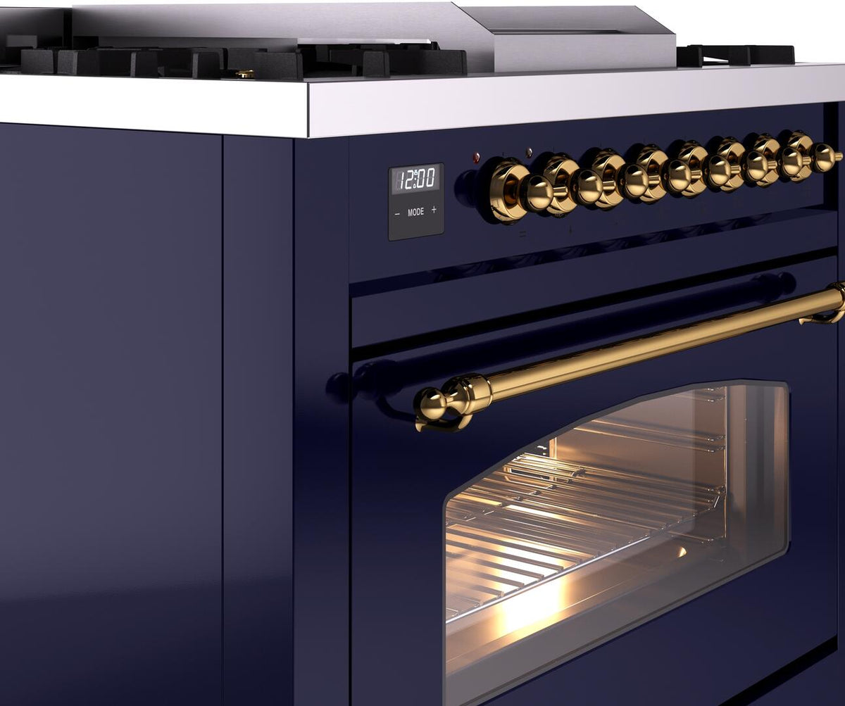 ILVE Nostalgie II side view with brass control knobs and oven window