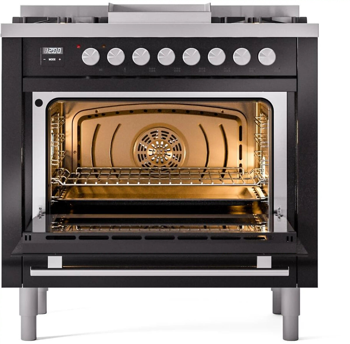 Freestanding black gas range with 6 burner knobs and open convection oven door