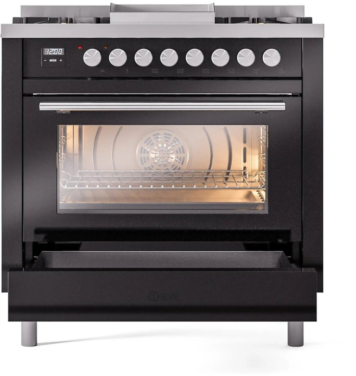 Black freestanding dual fuel range with oven door closed and glowing interior