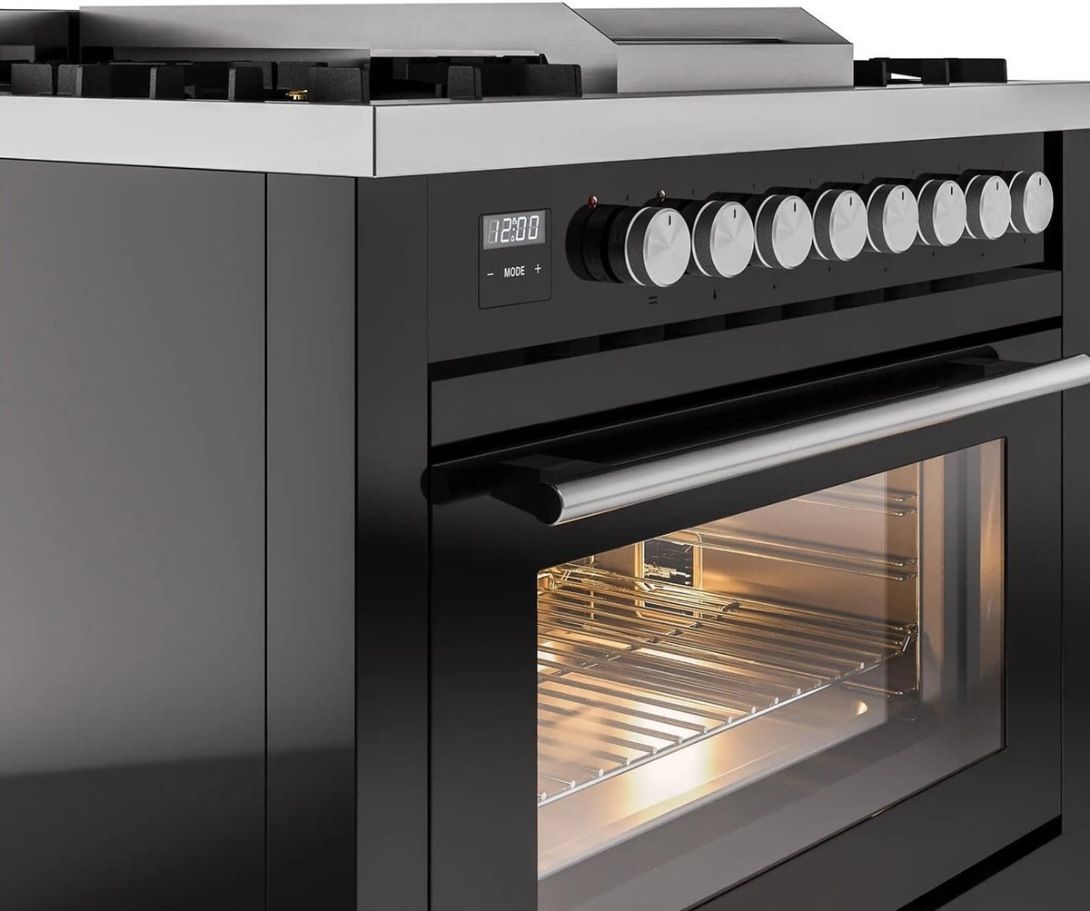 Black freestanding gas range control panel with knobs and open oven door, front view
