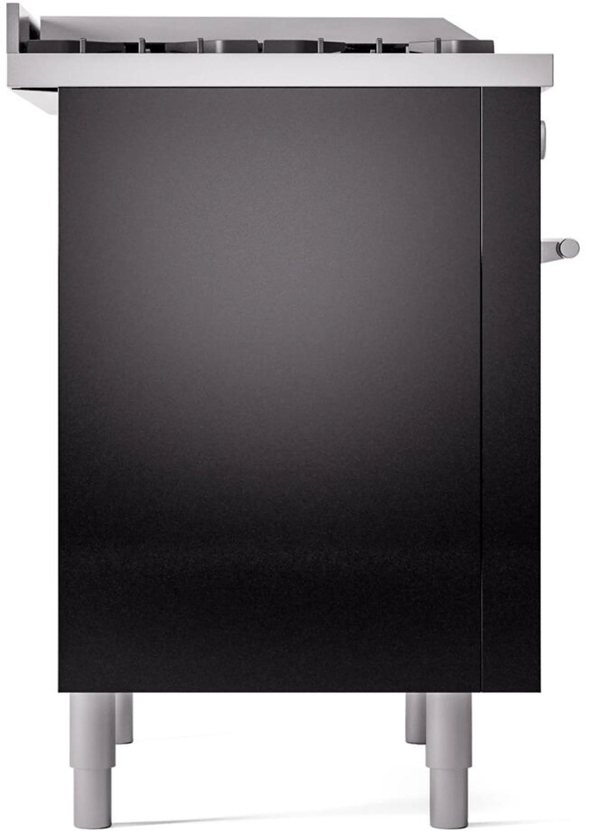 Black freestanding range front panel with legs, no cooktop visible