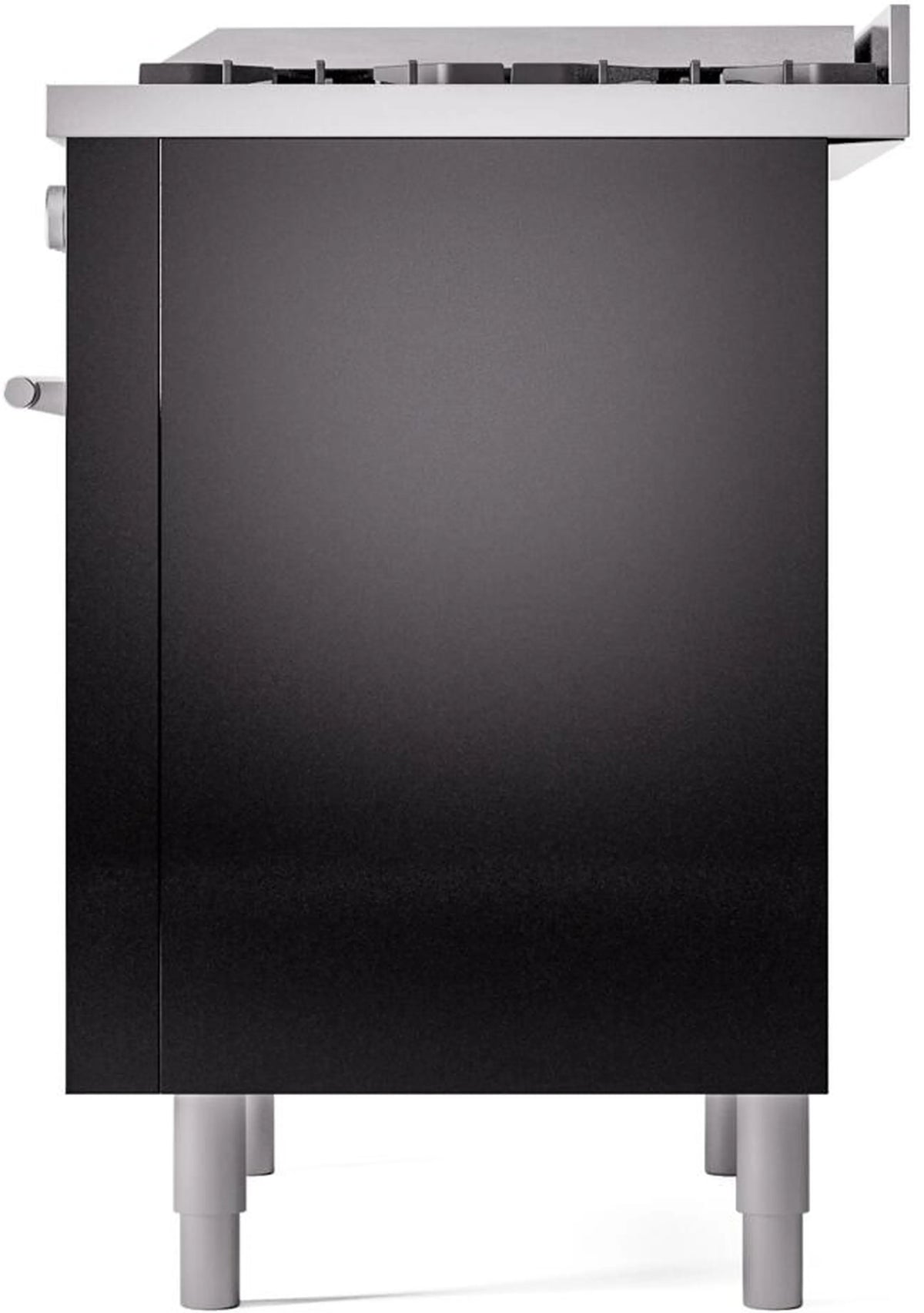 Black freestanding range front with side handles and four leveling legs, close-up