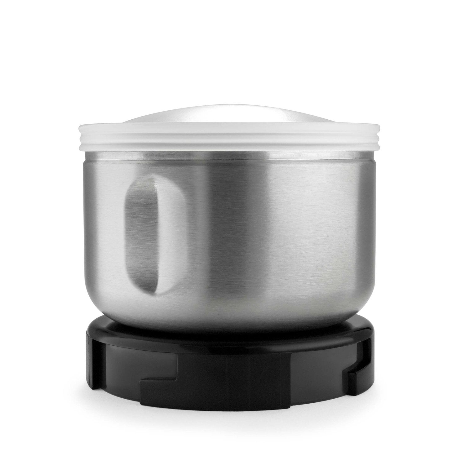 Stainless steel spice grinder accessory cup with black base, closed lid