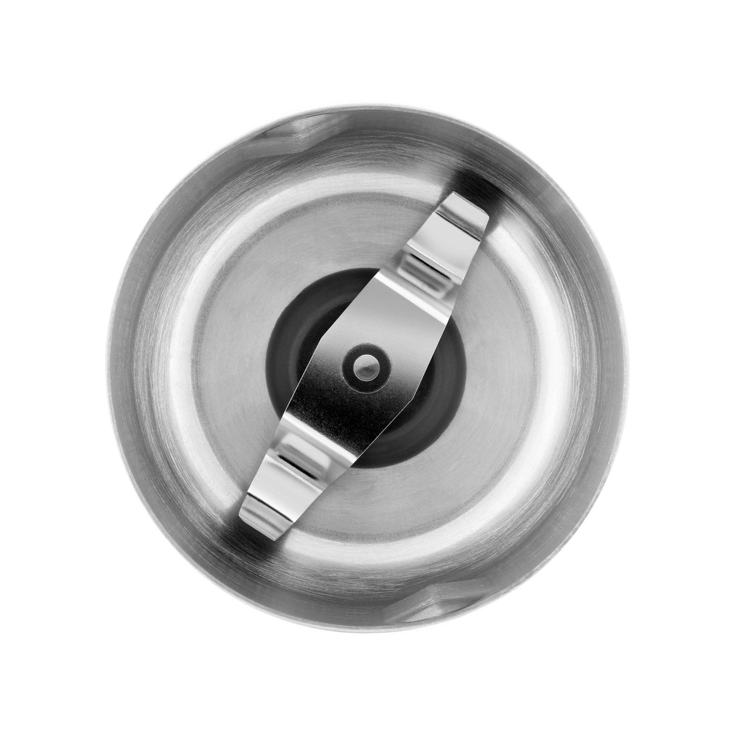 Stainless steel grinding plate insert with central fastener and curved blades