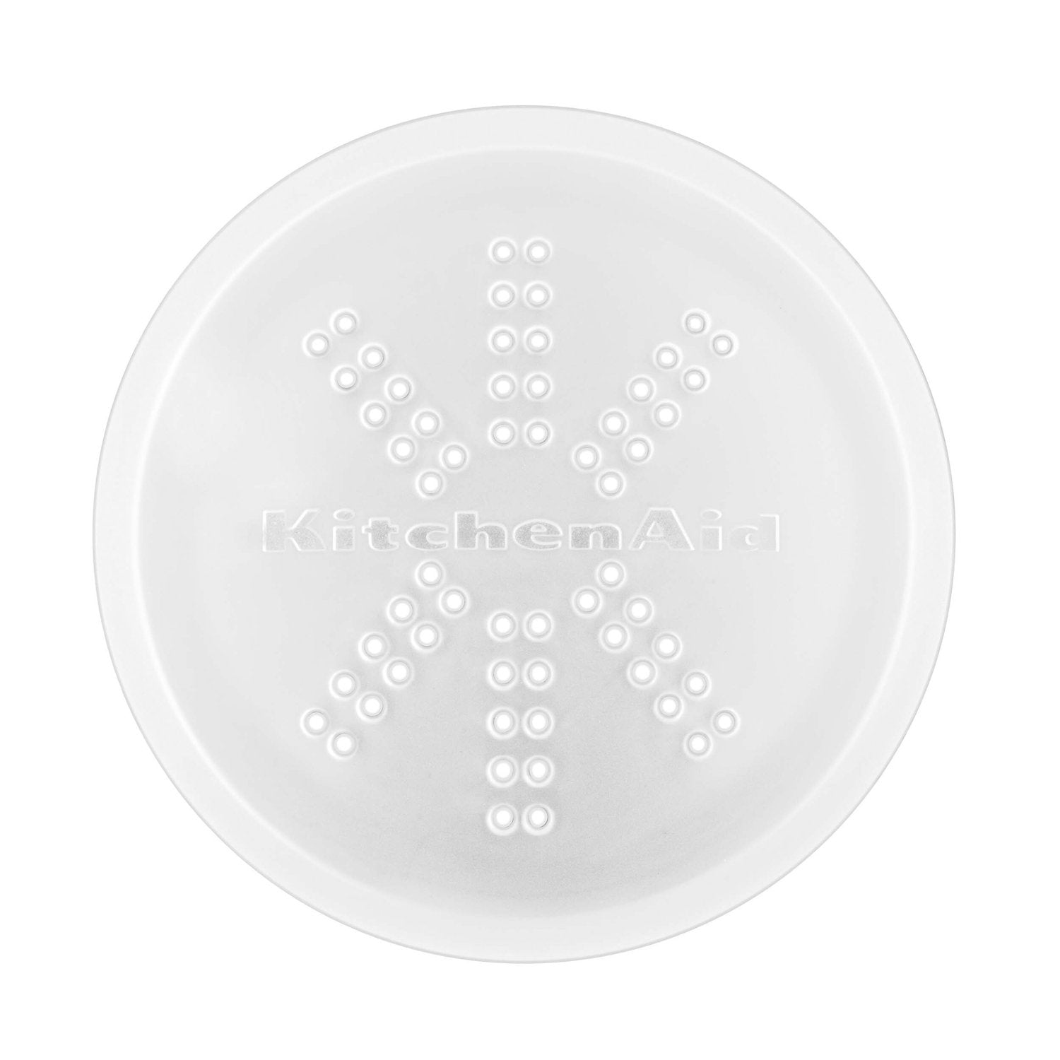 White plastic lid with KitchenAid snowflake-style perforation pattern