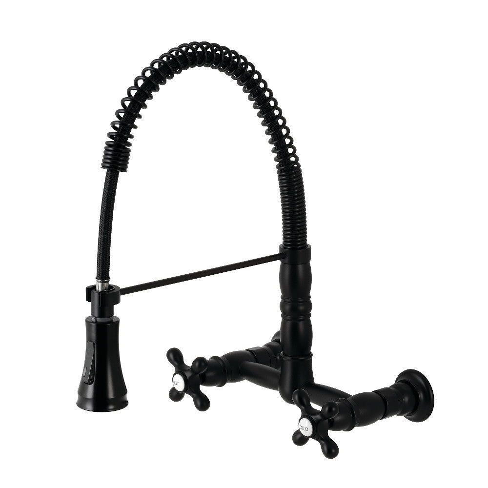 Matte black wall-mount pre-rinse bridge kitchen faucet with dual cross handles and coiled hose