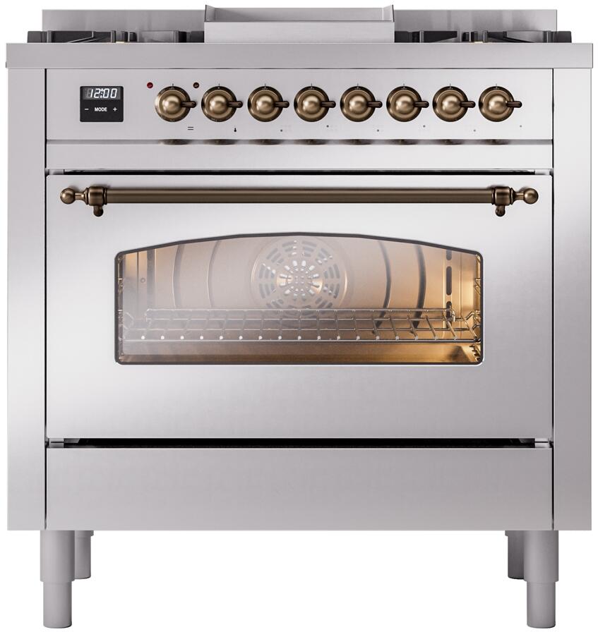 Stainless steel freestanding dual fuel range with oven window and bronze control knobs