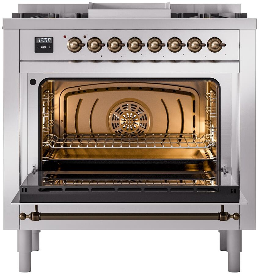 Dual fuel range oven open with interior rack and bronze-trimmed control panel