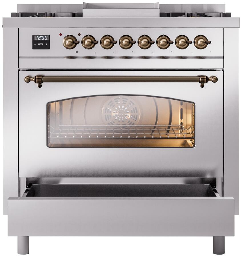 Freestanding range oven door with clear window and bronze bar handle