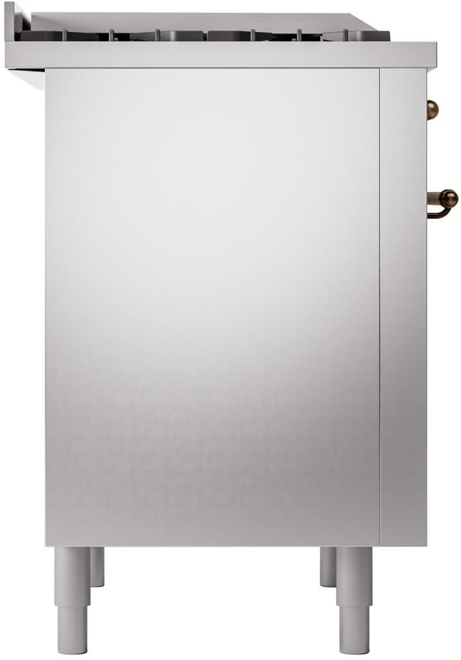 Stainless steel dual fuel range side panel with legs and bronze side handle