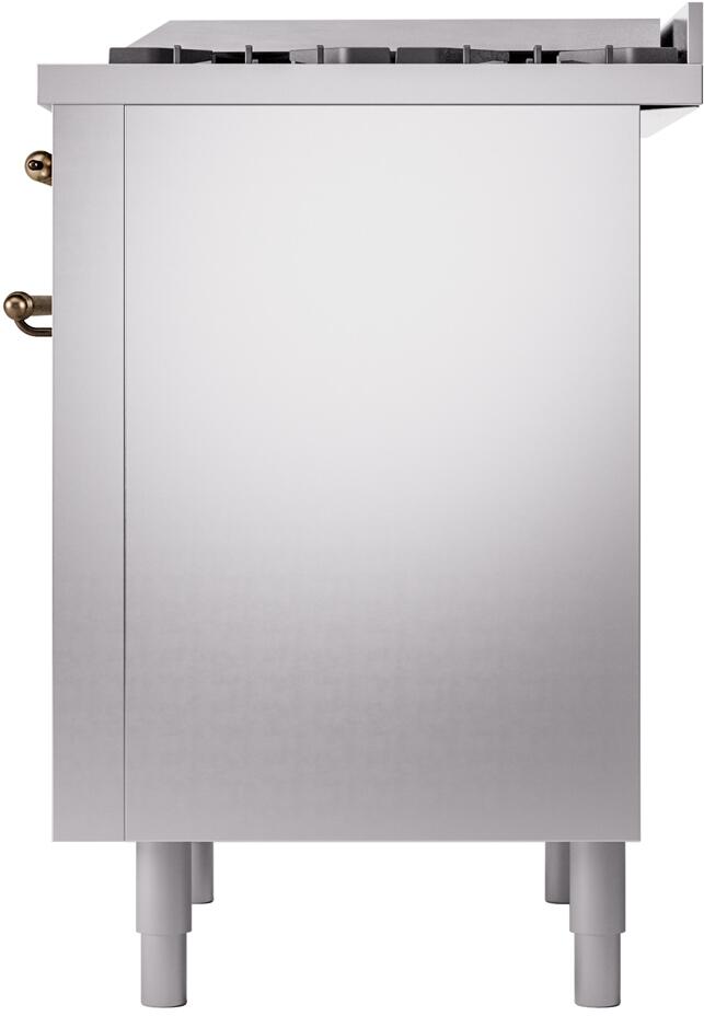 Stainless steel rear side of freestanding dual fuel range with legs