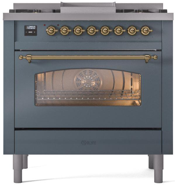 ILVE Nostalgie II 36-Inch Dual Fuel Freestanding Range in Blue Grey with Brass Trim (UP36FNMPBGG)