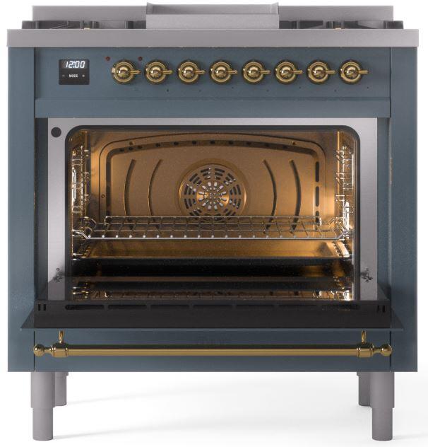 ILVE Nostalgie II 36-Inch Dual Fuel Freestanding Range in Blue Grey with Brass Trim (UP36FNMPBGG)