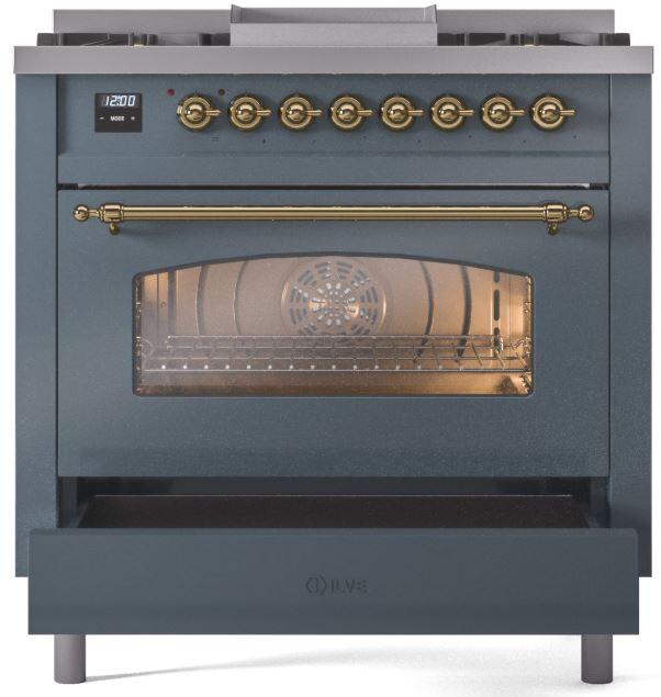 ILVE Nostalgie II 36-Inch Dual Fuel Freestanding Range in Blue Grey with Brass Trim (UP36FNMPBGG)