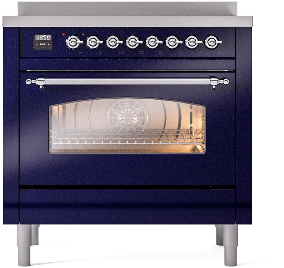 Midnight blue oven door with viewing window and chrome handle on freestanding range