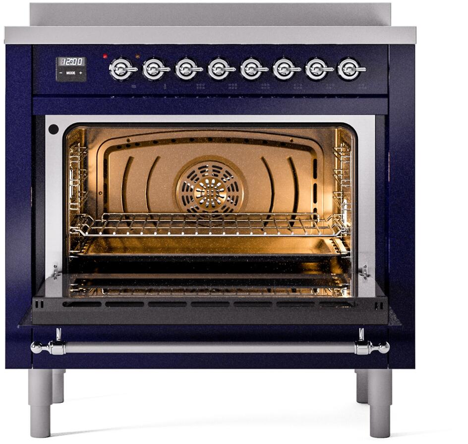 Midnight blue oven with interior light on, featuring wire rack inside