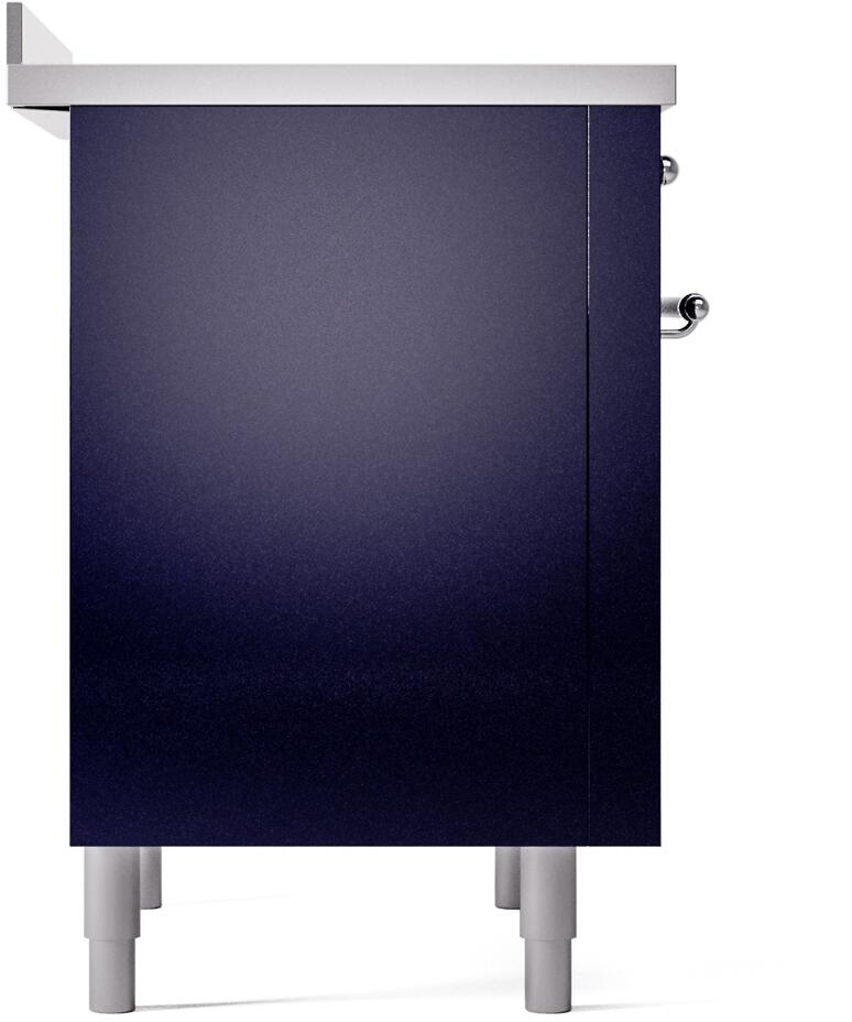 Midnight blue side panel of freestanding electric induction range with chrome details