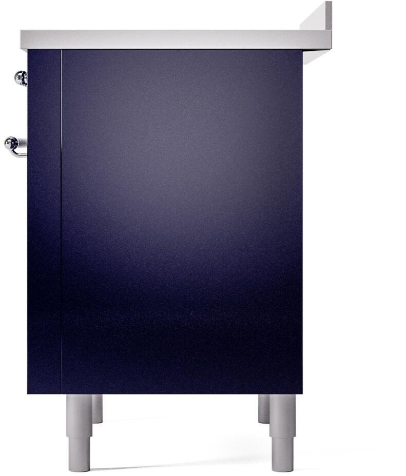Midnight blue rear side panel of freestanding electric induction range with legs