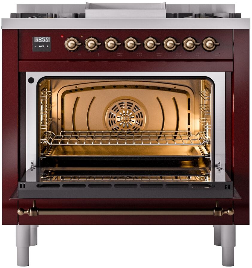 Freestanding burgundy range with oven door open, glowing interior, and wire bake rack