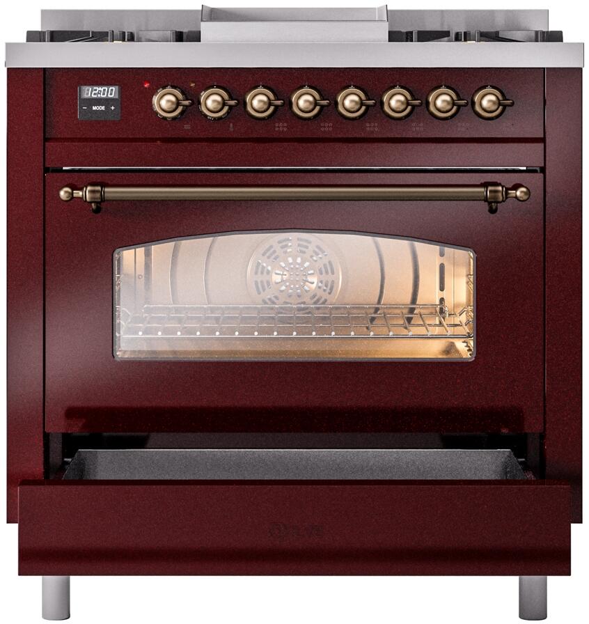 Burgundy oven door front with open storage drawer panel beneath