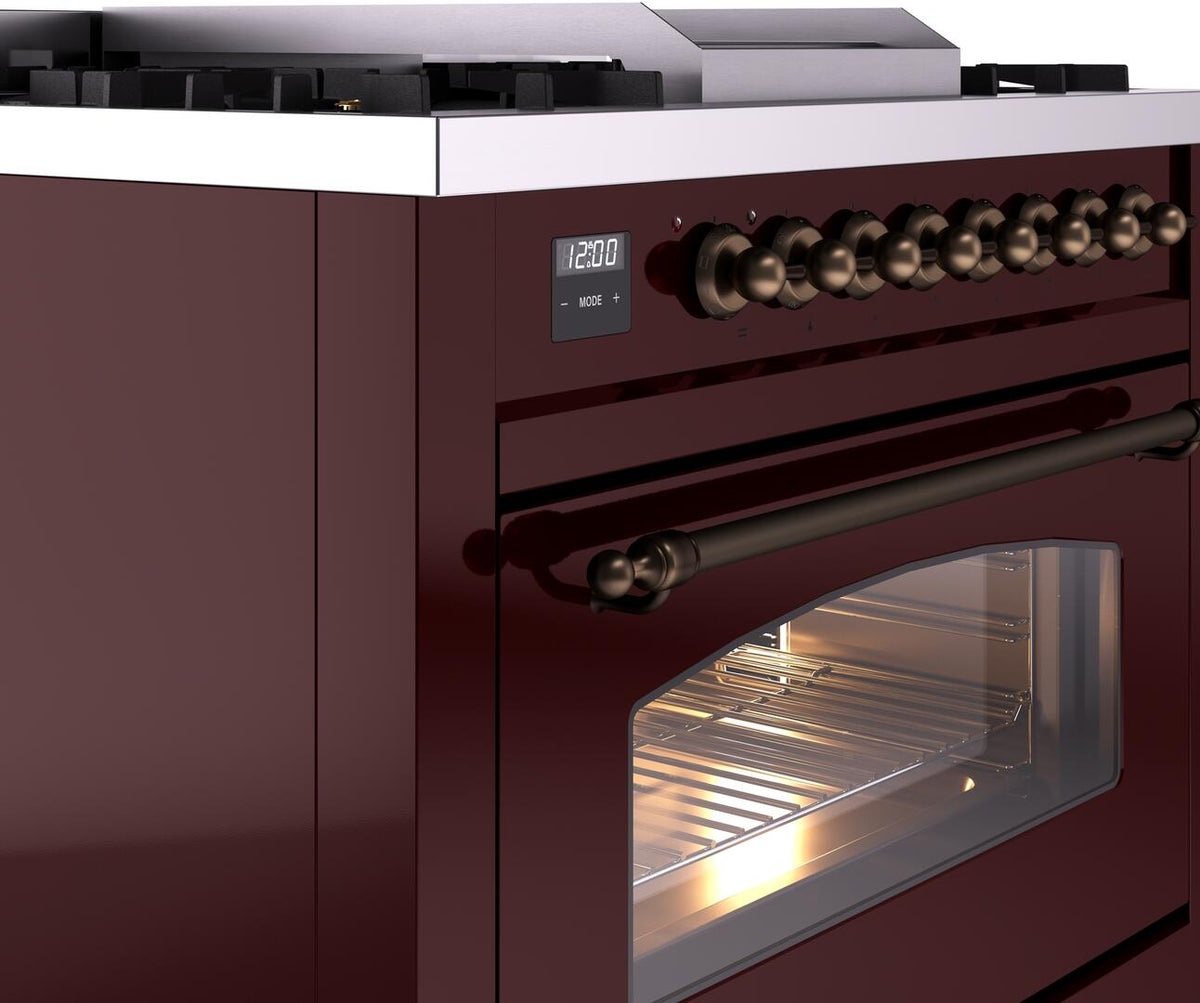 Dual fuel range side view showing control knobs and open oven door