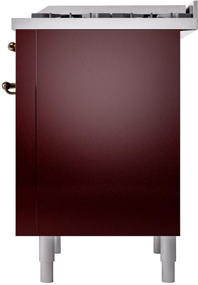 Burgundy side panel of freestanding range with bronze hinge hardware and white leveling legs