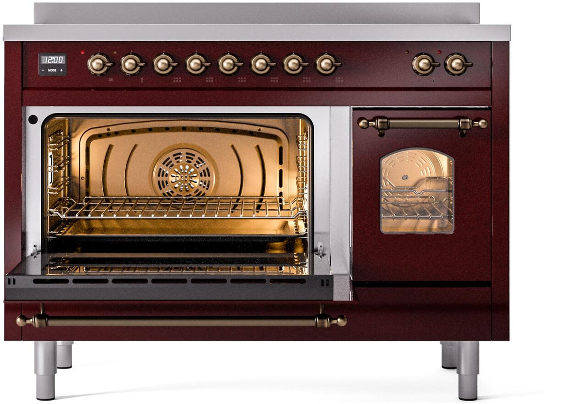 Freestanding induction range in burgundy with one oven door open and racks