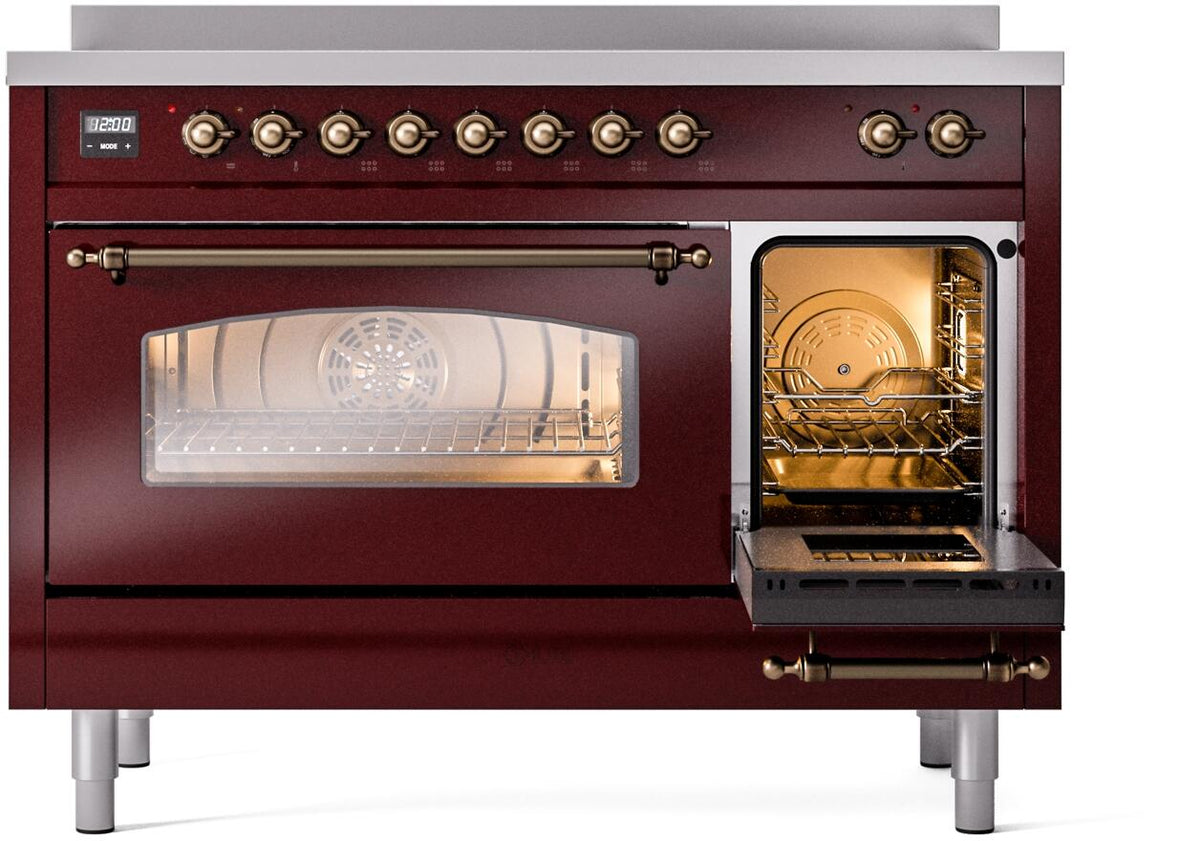 Freestanding induction range with burgundy control panel and oven door open