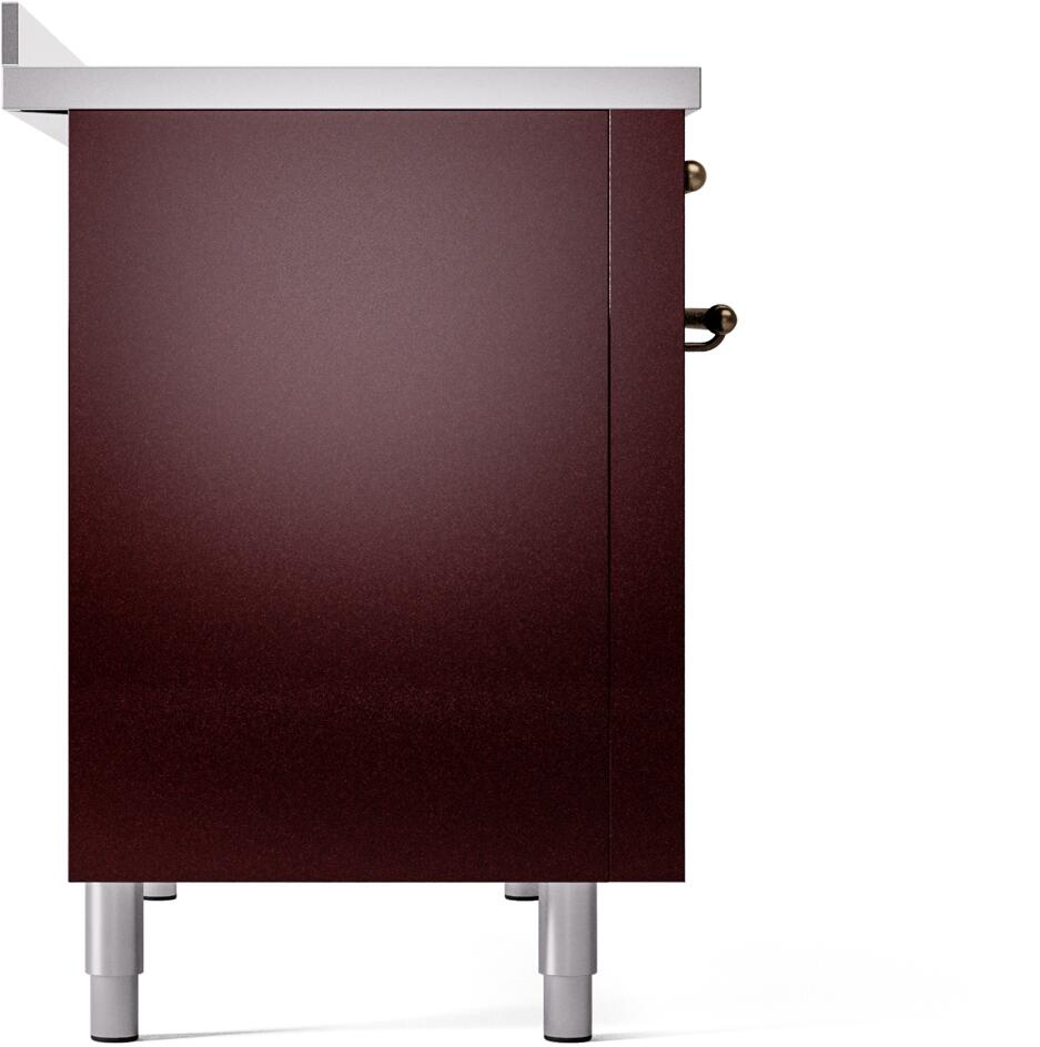 Freestanding induction range side panel in burgundy with bronze handle hardware
