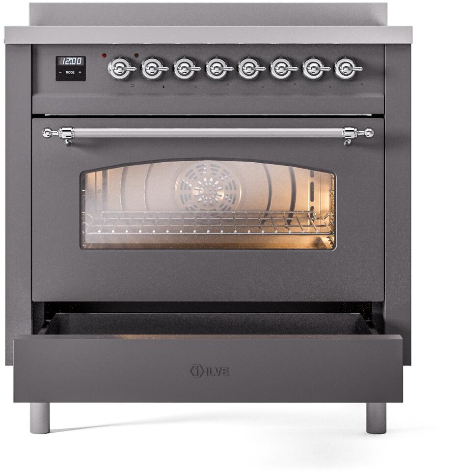 ILVE oven with glass door and chrome handle, warming drawer at bottom in matte graphite