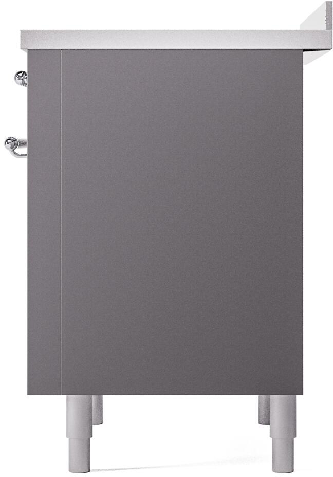 ILVE freestanding range rear side panel in matte graphite with legs and metal handle detail